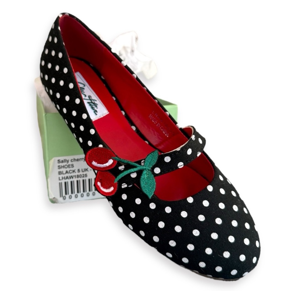 LULU HUN 50s Sally Cherry Polka Flats in Black - Picture 3 of 16